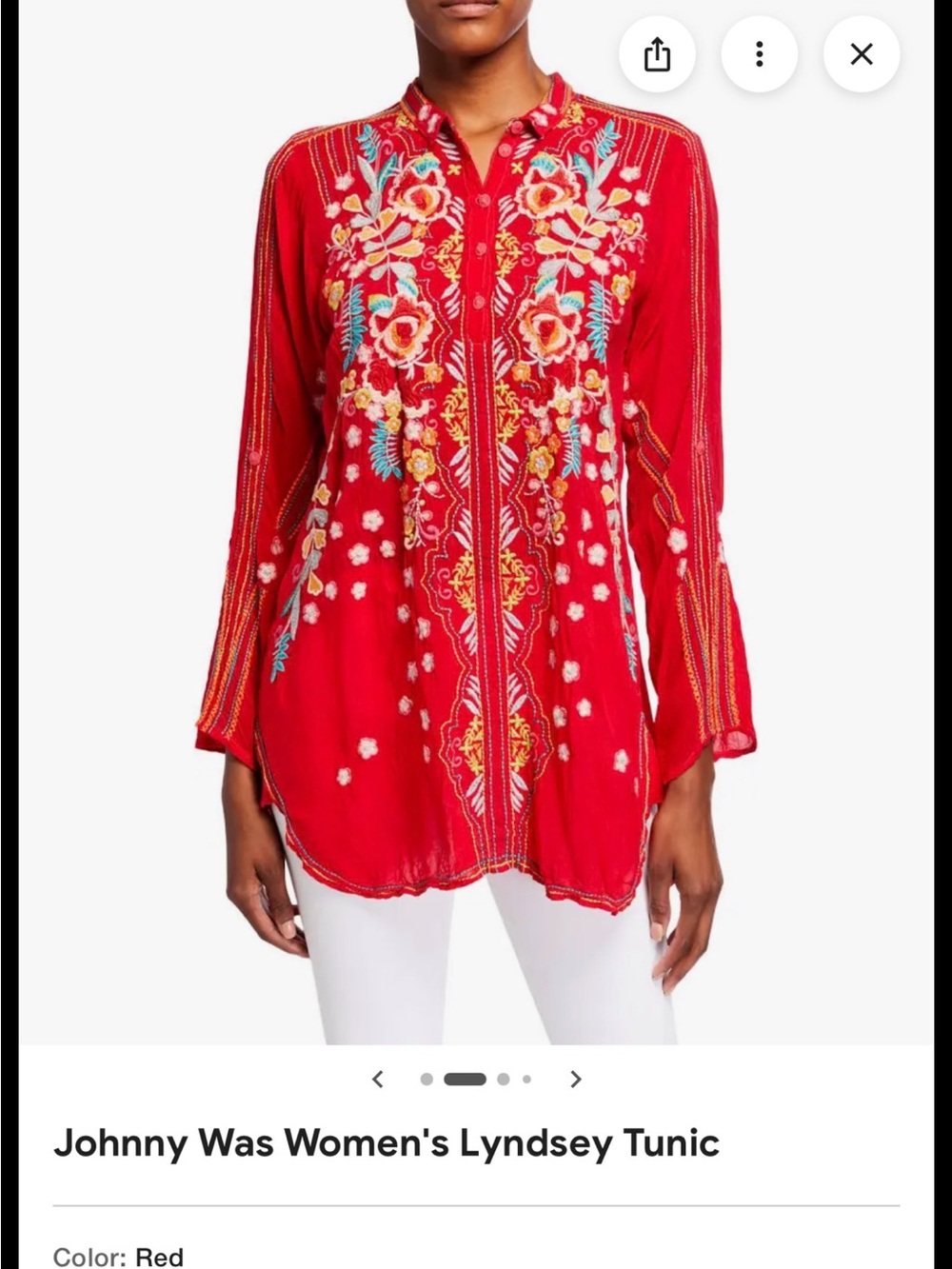 Johnny Was Red Embroidered Tunic with Multicolor Floral Accents